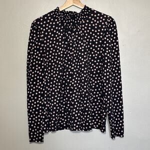 NWT Women's Size 14 Boden Navy & Pink Polka Dot Mock Neck Long Sleeve Blouse